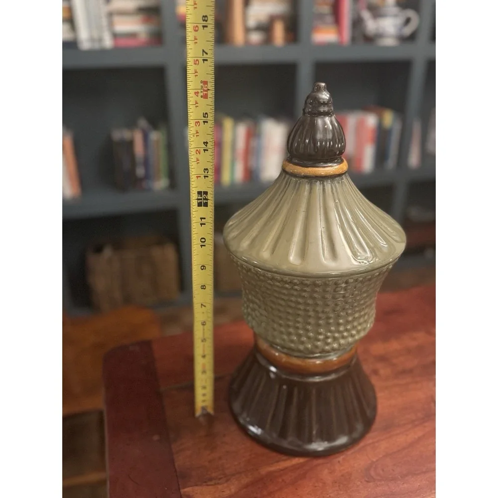 Mid Century Circus Tent Pedestal Pottery Apothecary Cookie Jar w/h Green & Brown